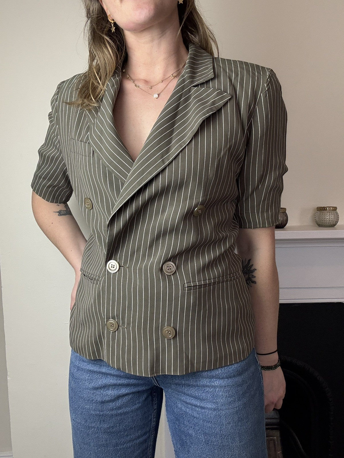 Vintage Size S 8-10 Khaki Olive Green Pinstripe Short Sleeve Blazer Blouse Top