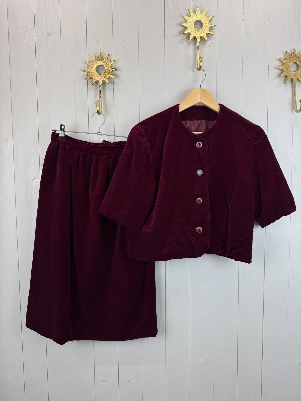 Vintage Size XS 6 & 8 Burgundy Red Velvet Two Piece Jacket Skirt Set