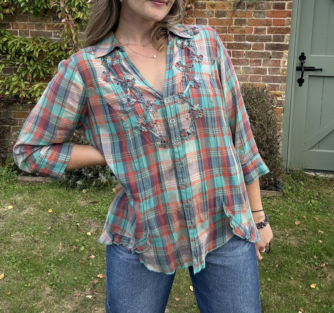 Vintage Size L 14-16 Y2K Autumnal Check Beaded Frill Shirt/Blouse Per Una