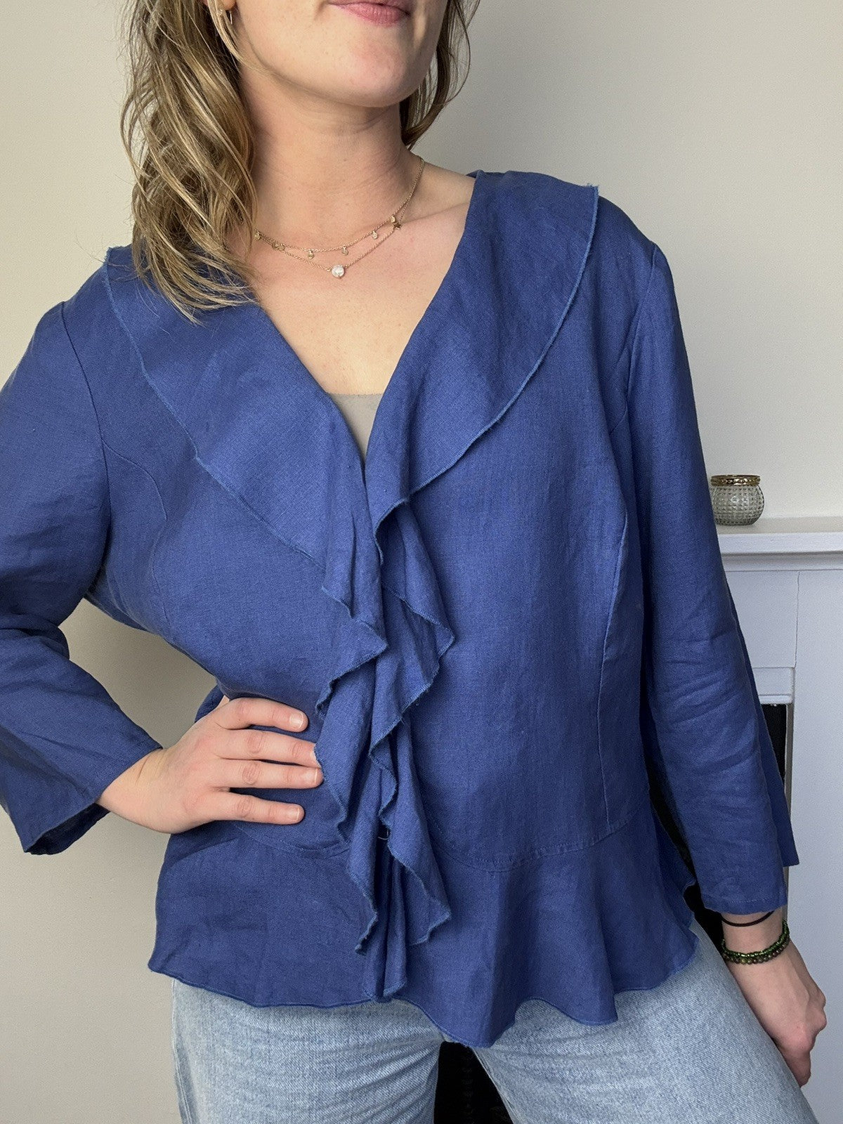 Vintage Size 3XL 16-20 Blue 100% Linen Ruffle Front Blouse Alex & Co