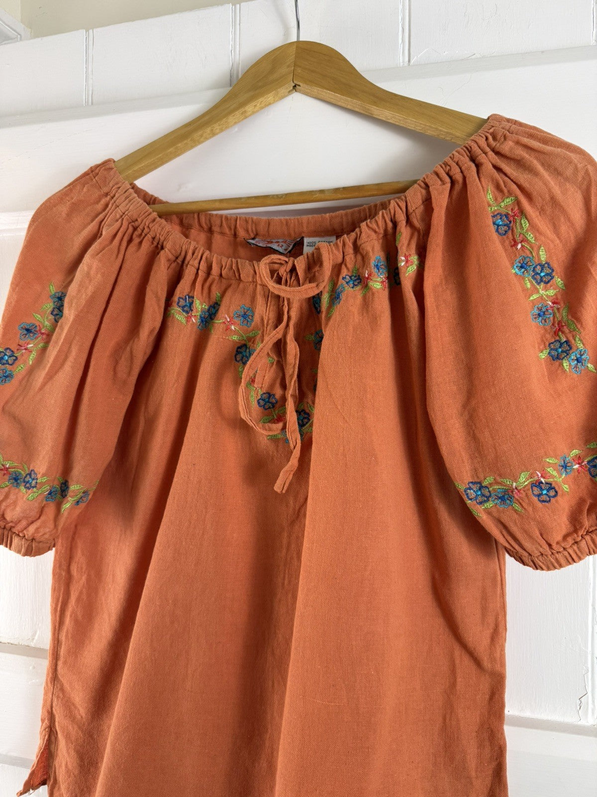 Vintage Size S 6-10 Orange Boho Embroidered Cotton Gypsy Top Bajra
