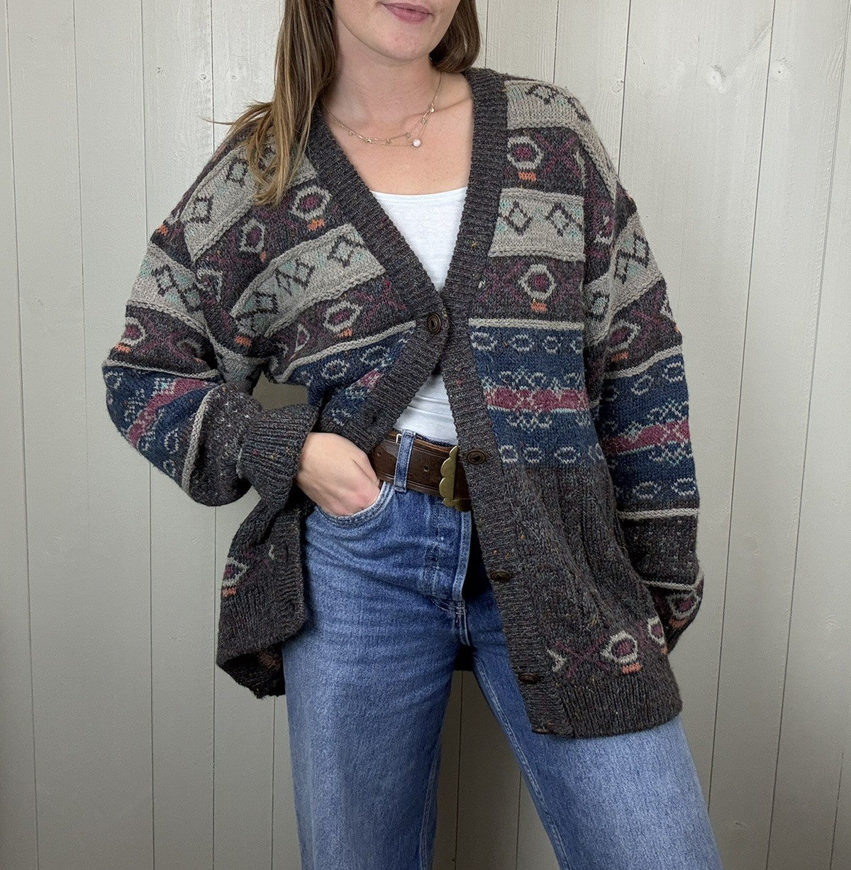 Vintage Size M 8-12 Dark Grey Patterned Wool Blend Grandad Cardigan Viky Tricot