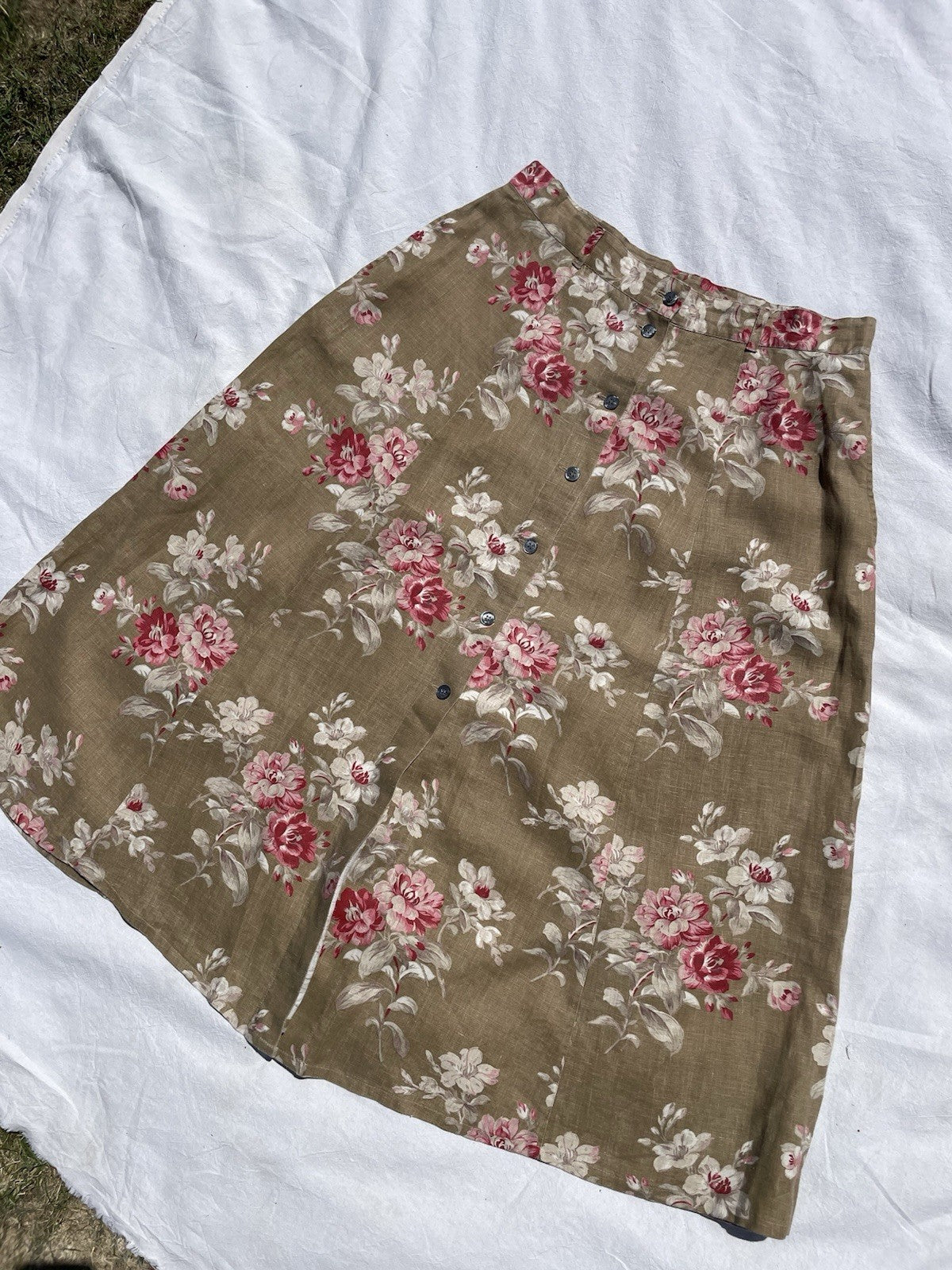 Vintage Size XL 14-16 Brown Floral Linen Laura Ashley Midi Skirt