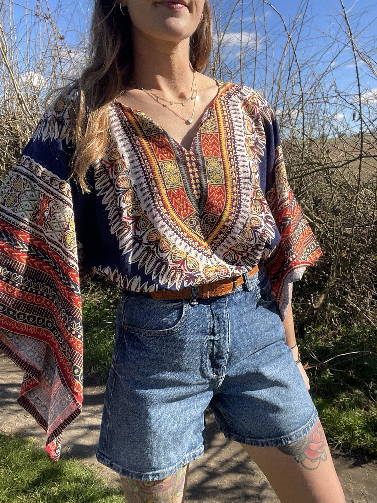 Vintage 70s Free Size 6-16 Ethnic Boho Flared Sleeve Top
