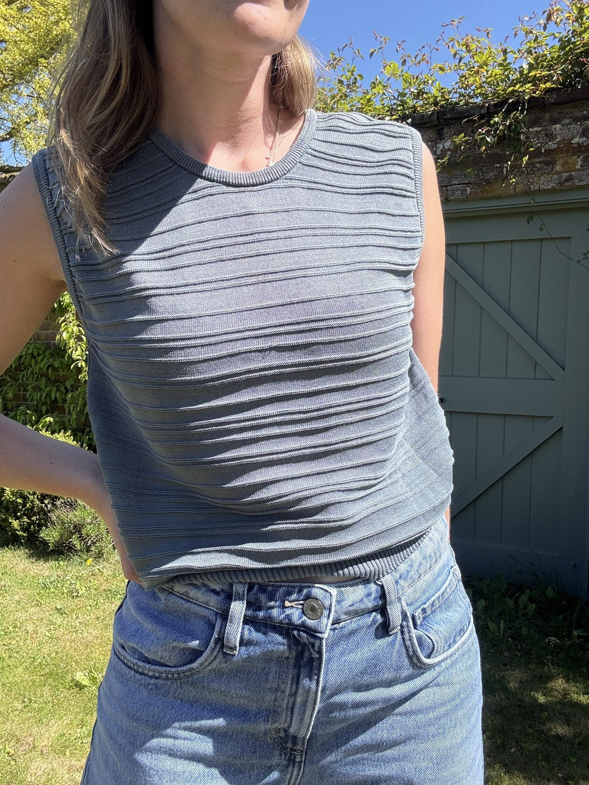 Vintage Size M 8-12 Grey Blue Textured Knit Vest Tank Top