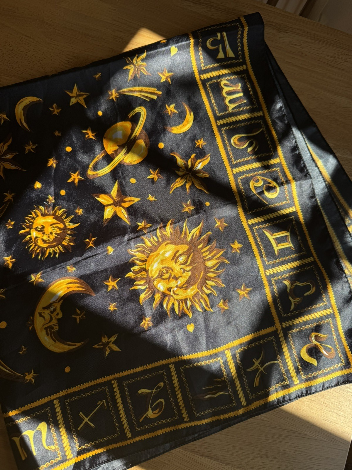 Vintage Black Gold Celestial Moon Sun Neck Scarf