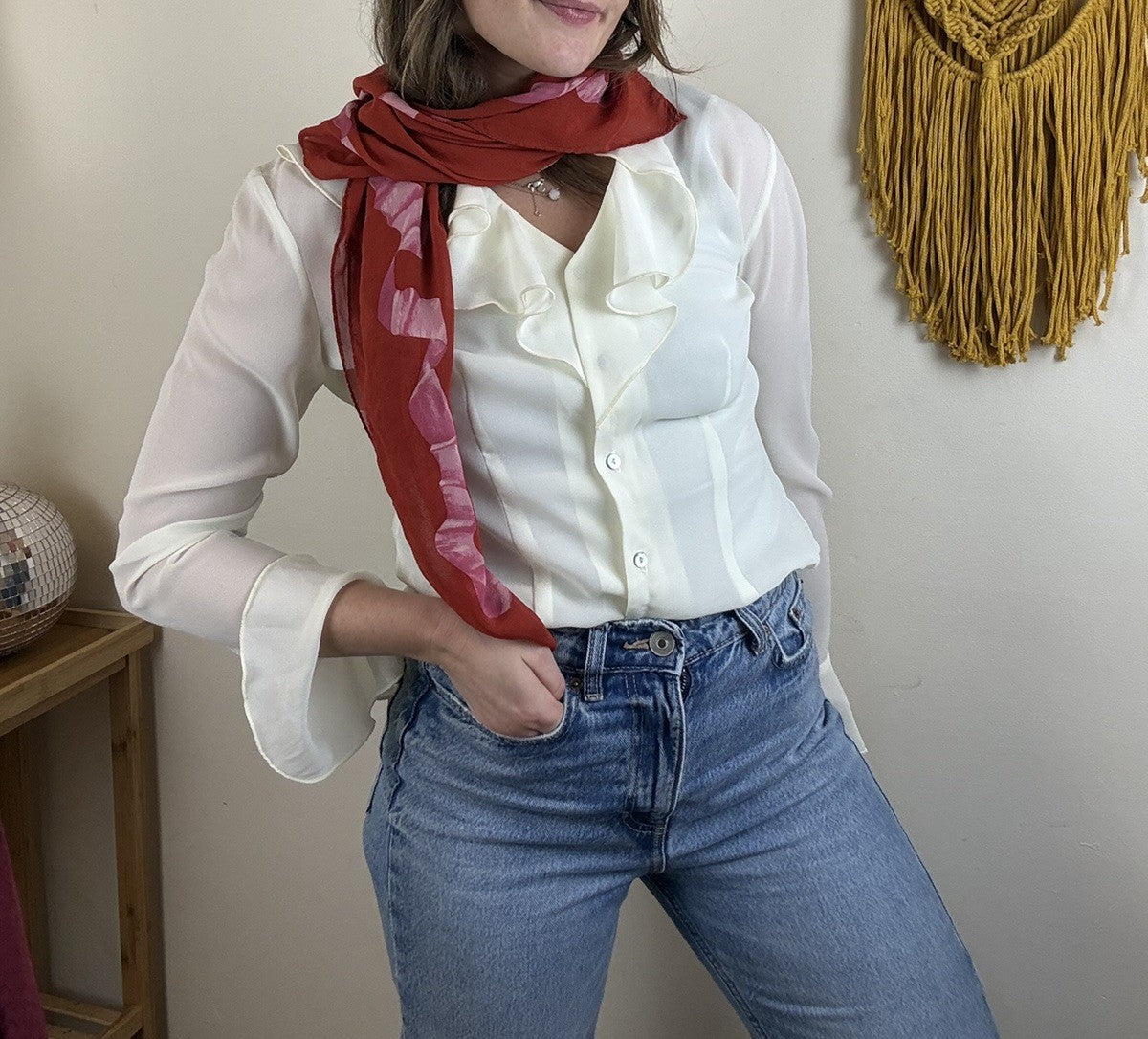 Vintage Red Floral Ribbon Silk Scarf Neck Scarf Sportmax