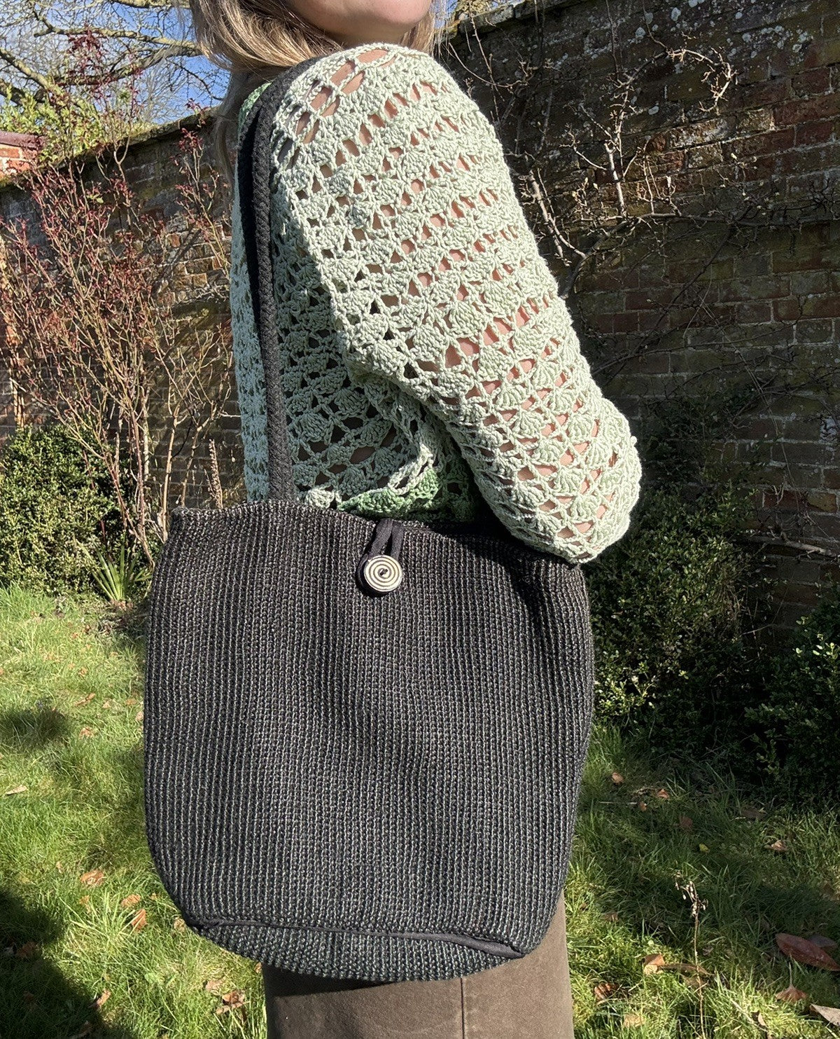 Vintage Black Boho Jute Shoulder Bag EAST