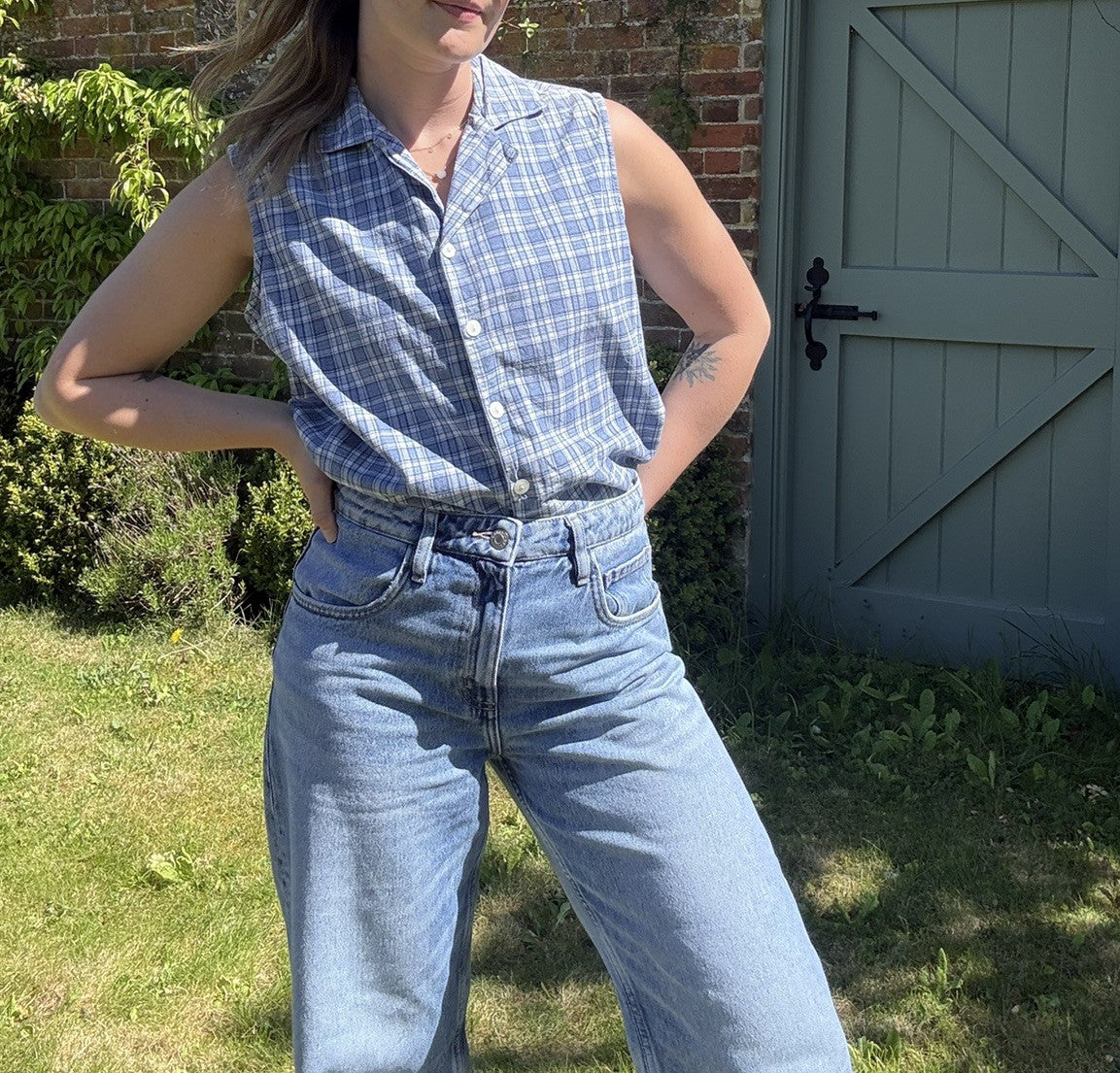 Vintage Size L 14-16 Blue Sleeveless Cotton Check Shirt Nightingales