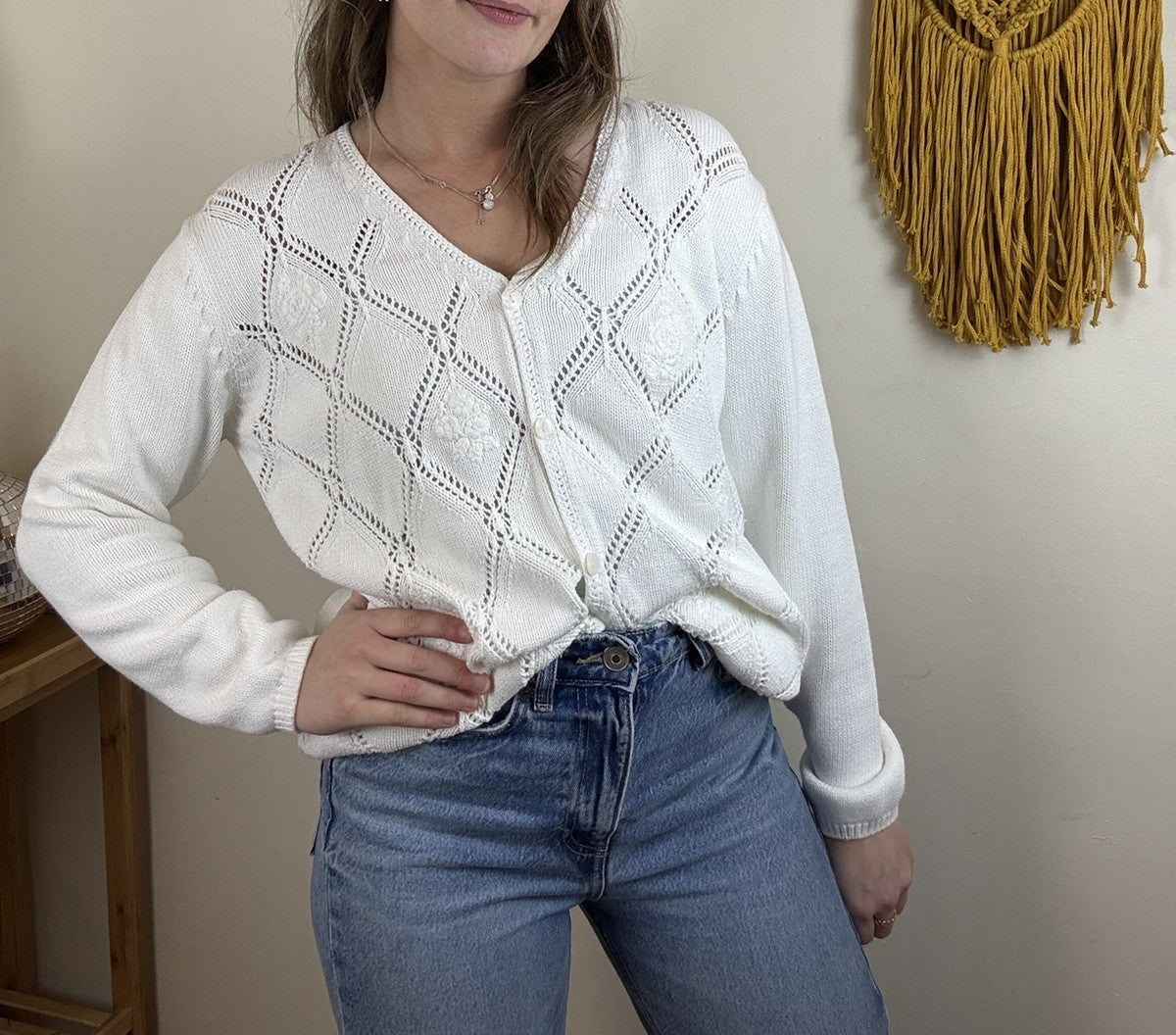 Vintage Size L 12-14 White Cotton Flower Embroidered Cardigan St Michael