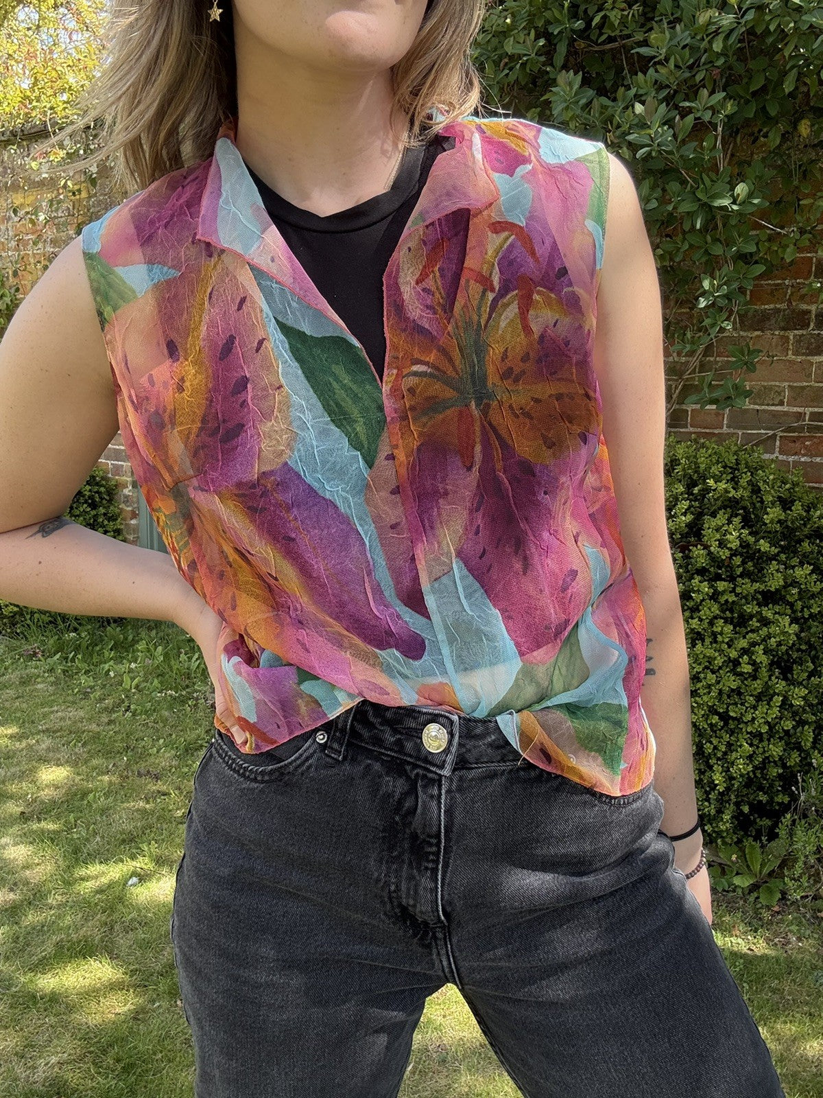 Vintage Size L 10-14 Pink Floral Sheer Sleeveless Blouse Top