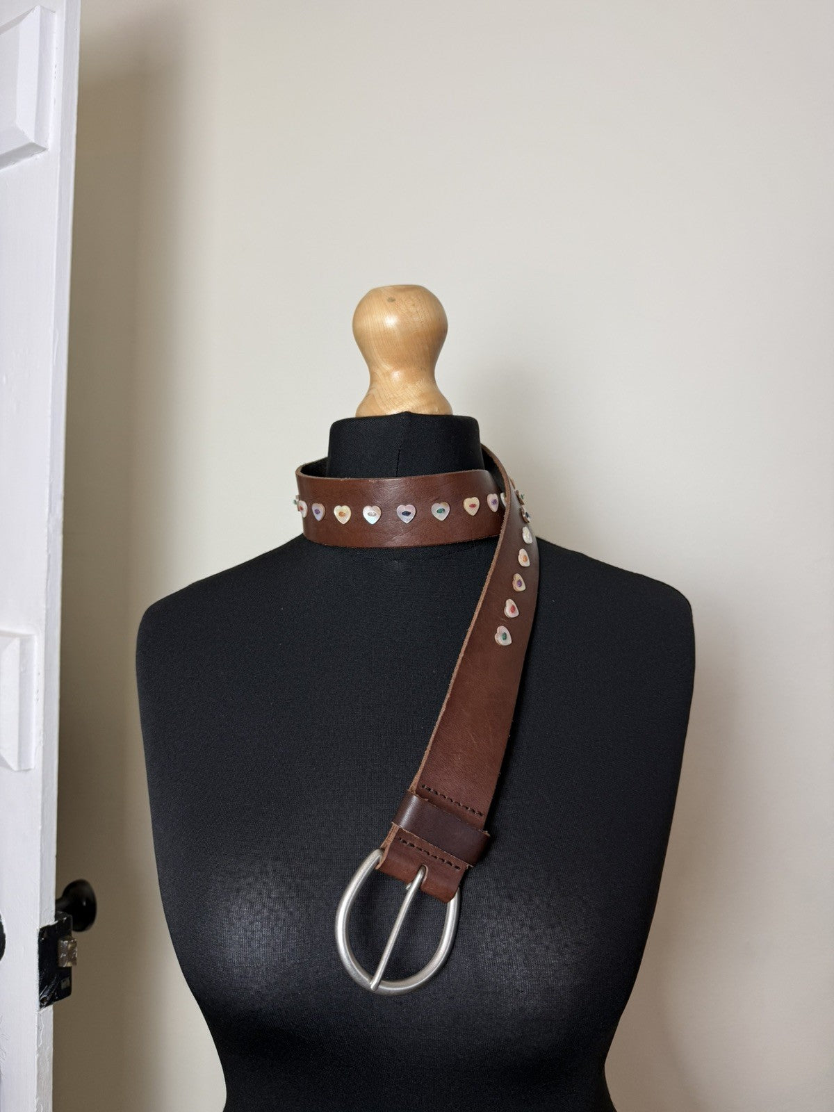 Size S/M 10-14 Brown Heart Button Genuine Leather Belt White Stuff