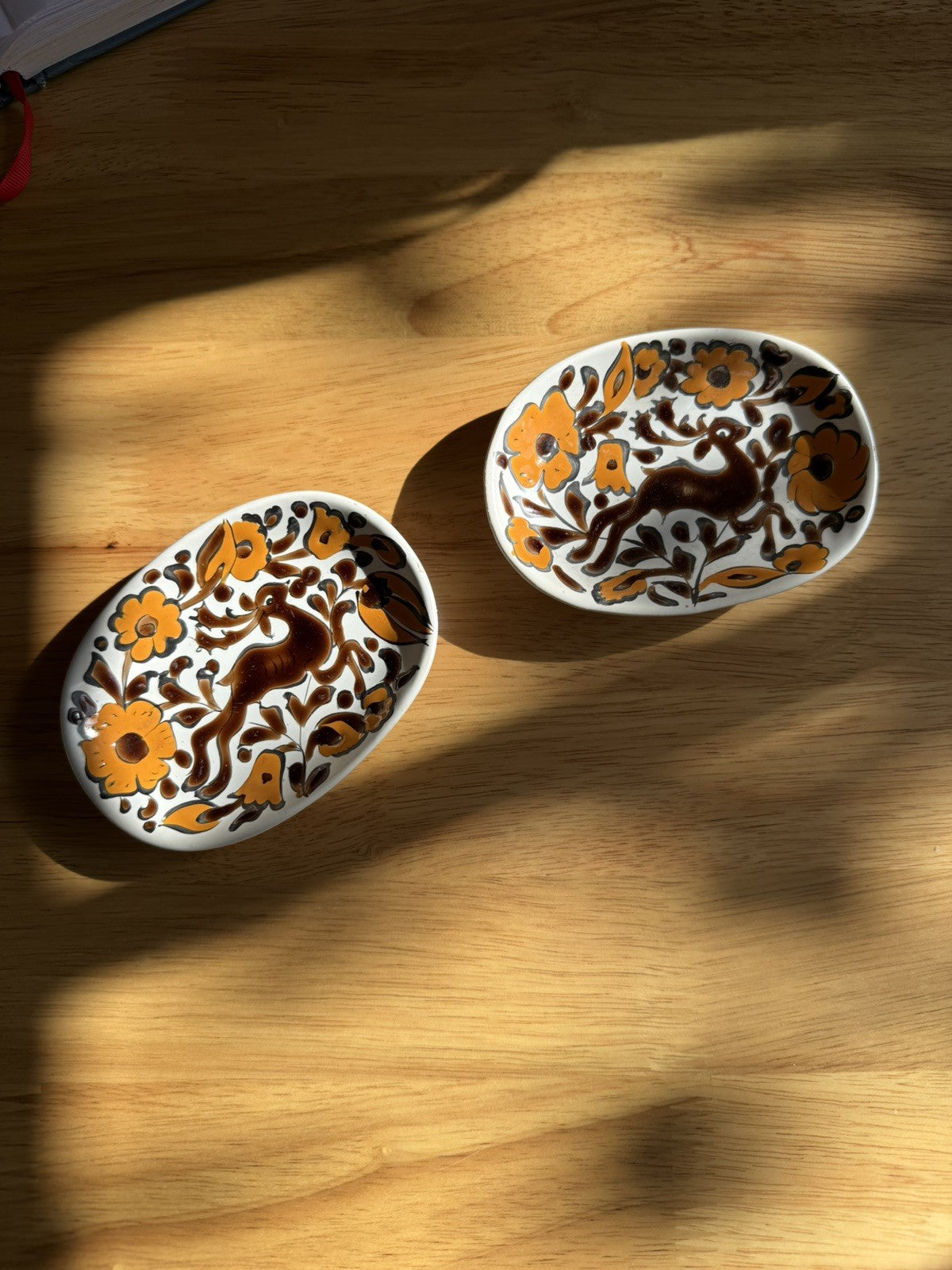 Vintage Hand Painted Brown Orange Flower Deer Ceramic Dishes