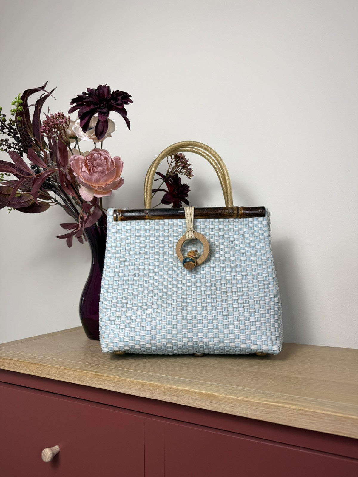 Vintage 1950s Blue Woven Top Handled Basket Handbag Bag