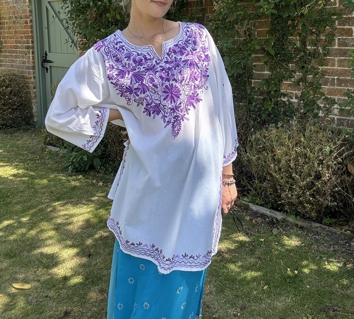Vintage Size XL 16-20 White & Purple Indian Cotton Boho Tunic Top