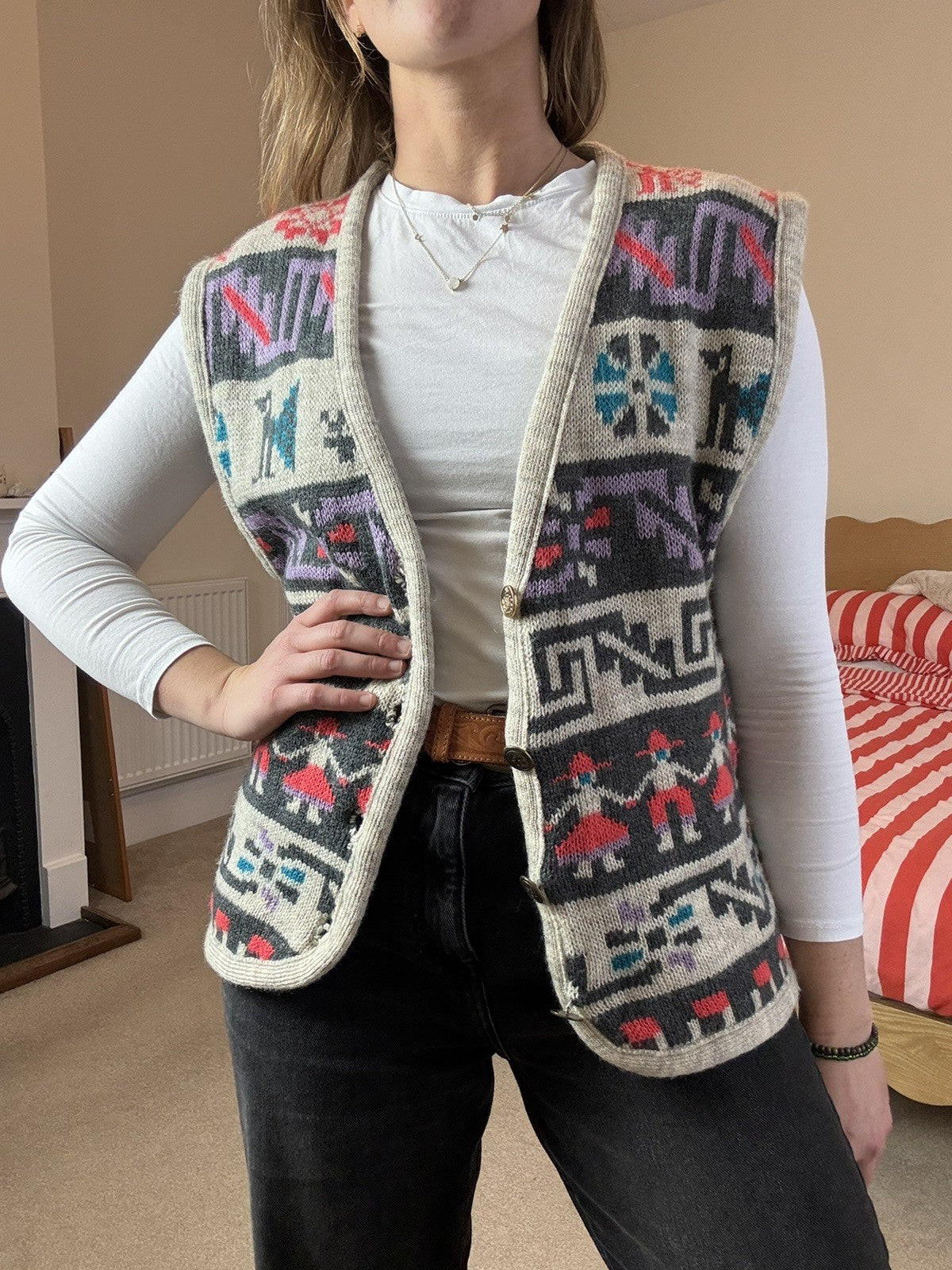 Vintage Size L 10-14 Boho Patterned Chunky Knit Button Front Knit Vest Waistcoat