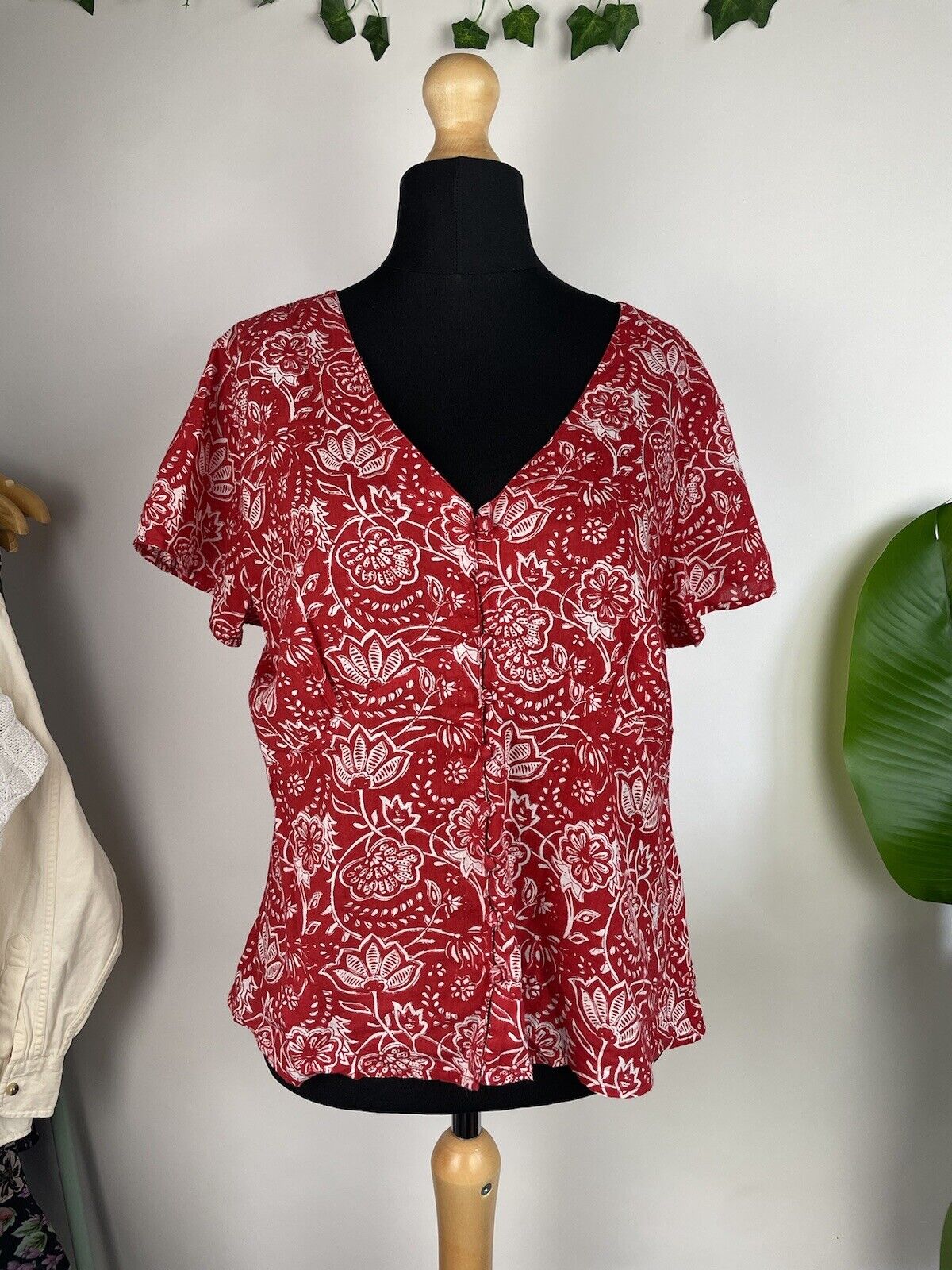 Vintage Size L 14-16 Red Boho Batik Floral Cotton Blouse Top Anokhi For EAST