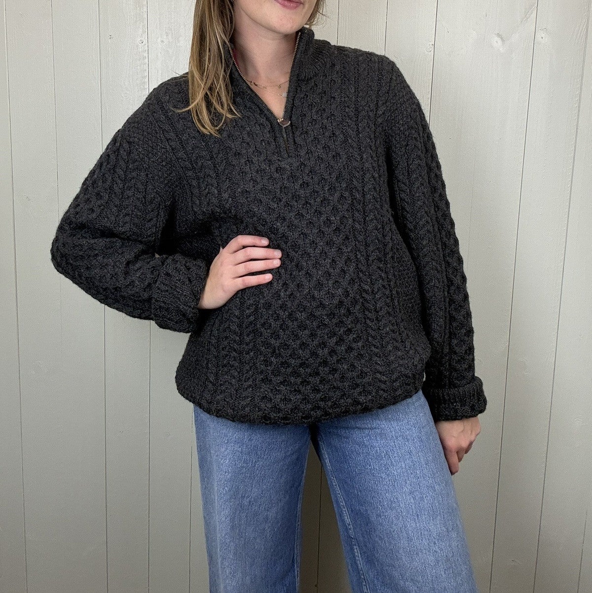 Size XL 12-18 Dark Grey Merino Wool Chunky Knit Aran Jumper Original Aran Co