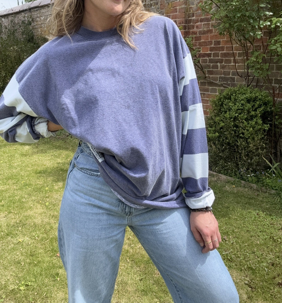 Vintage Size 2XL 14-20 Washed Blue Benetton Striped Long Sleeve Top