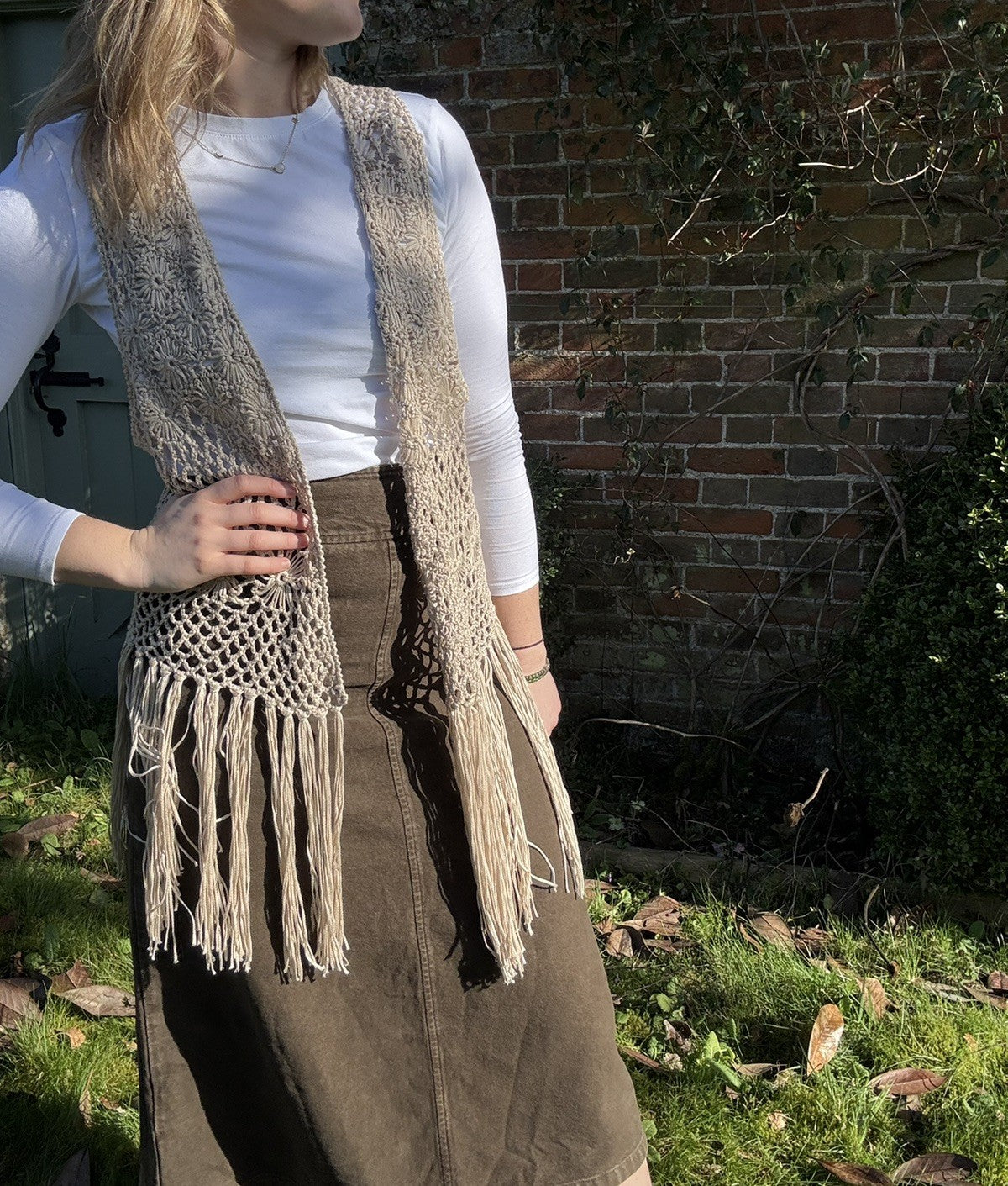 Free Size 6-18 Ecru Crochet Fringed Boho Knit Waistcoat