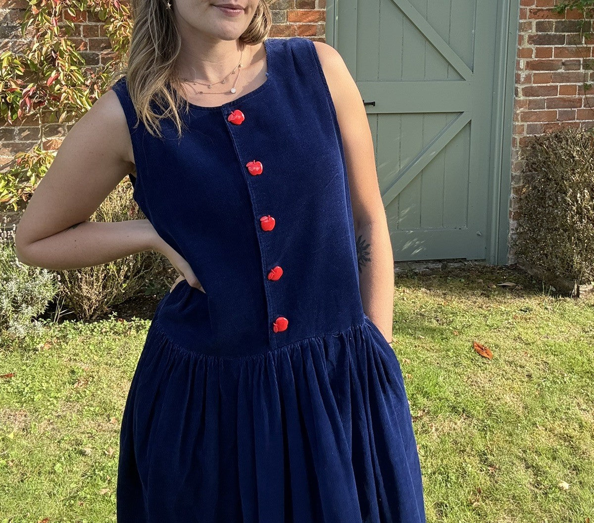 Vintage Size M 10-12 Handmade Navy Cord Sleeveless Midi Dress with Apple Buttons