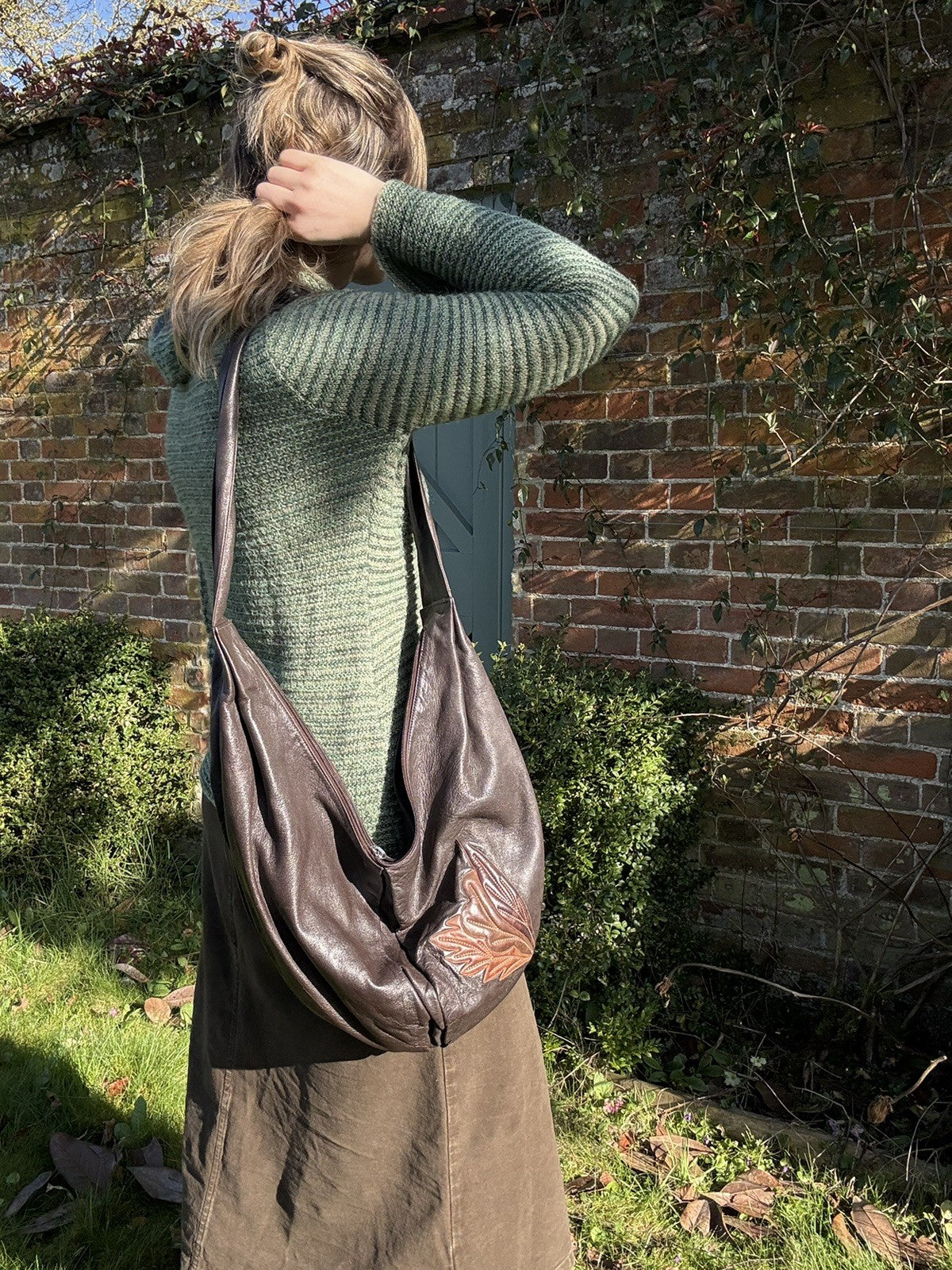 Vintage Dark Brown Genuine Leather Leaf Boho Sling Bag