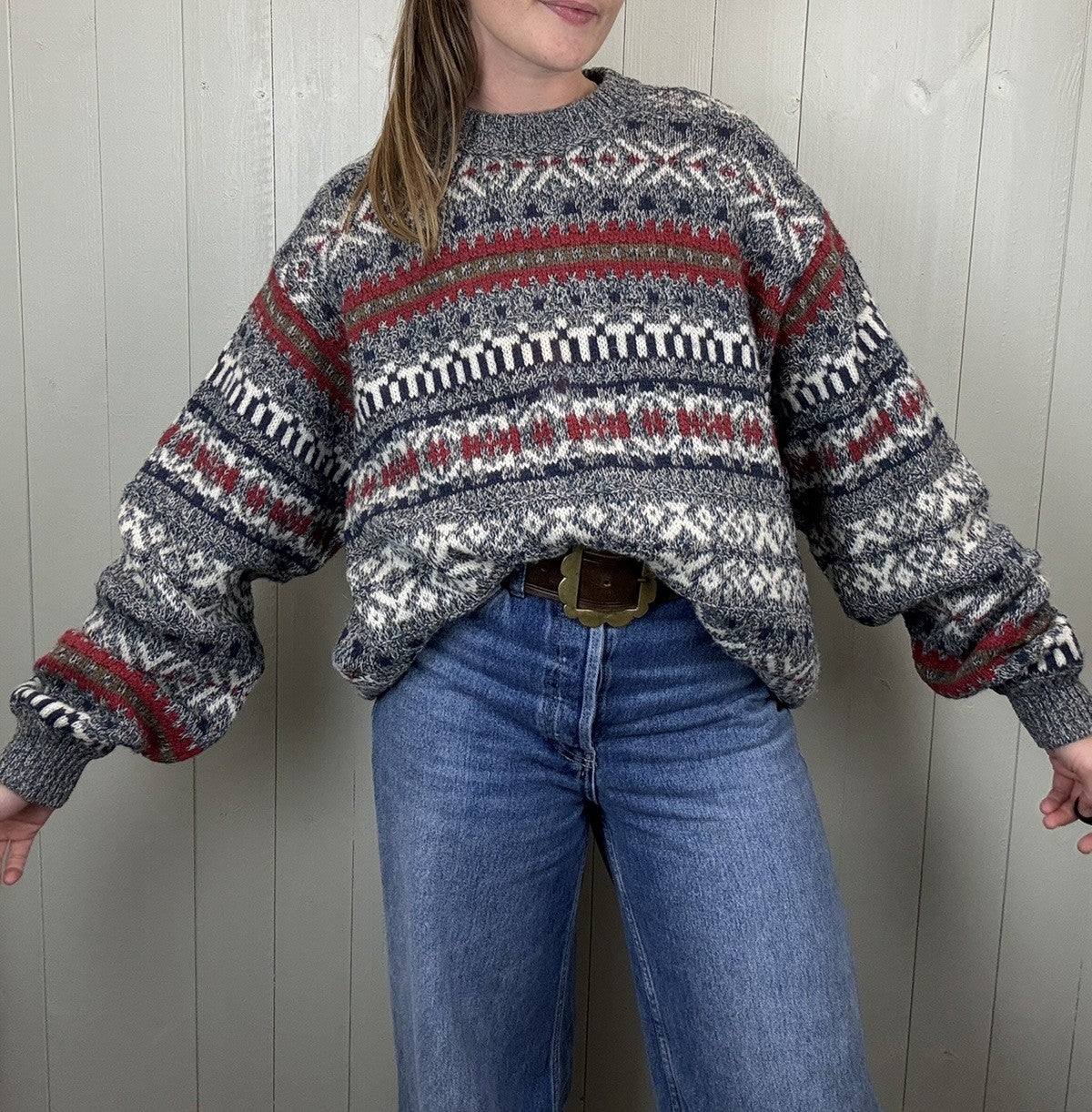 Vintage Size 3XL 16-22 Grey Patterned 100% Wool Knit Jumper Benetton