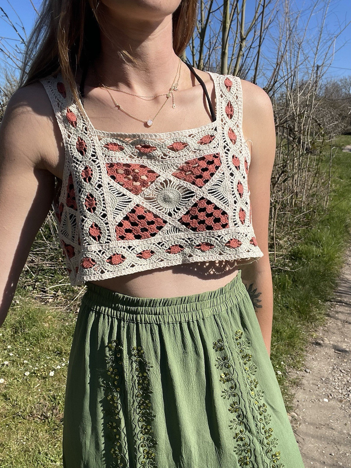 Vintage Size S 6-10 Cream Boho Hippy Crochet Knit Crop Top