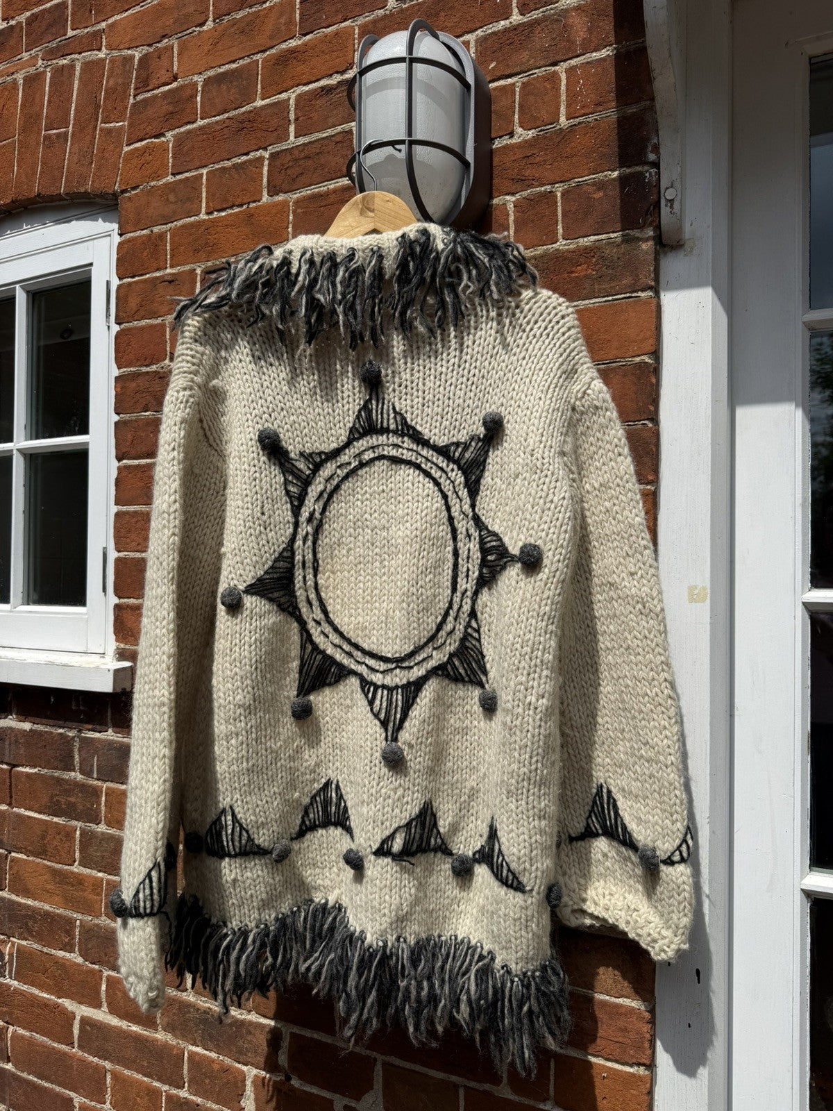 Vintage Free Size 8-20 Cream Chunky Hand Embroidered Fringed Wool Knit Cardigan