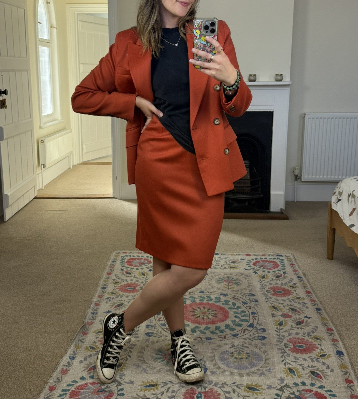 Vintage 70s Size 8 Orange Pure Wool Skirt & Blazer Suit Set by Norbert Grin