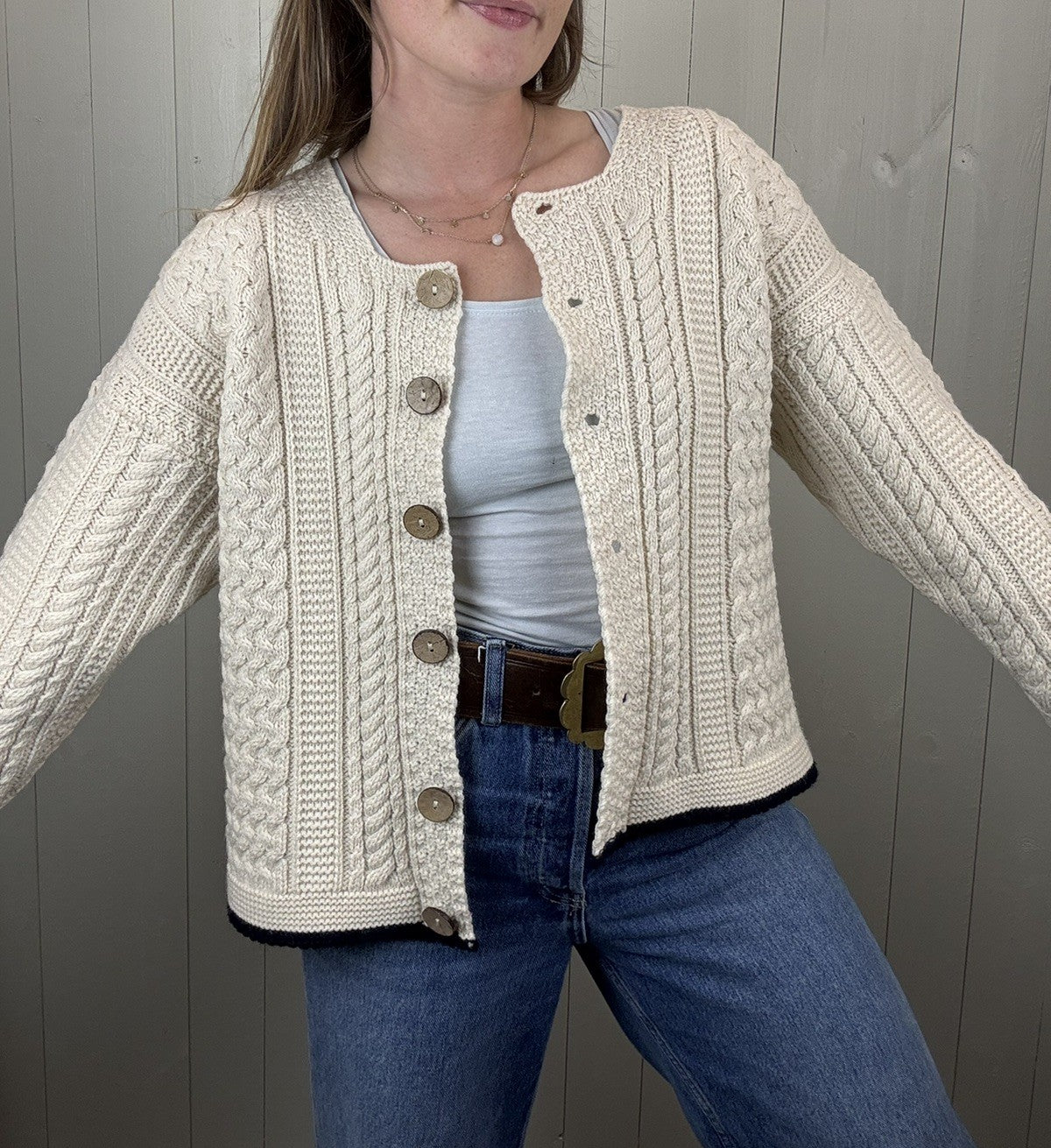 Size S 6-12 Cream Aran Cable Knit 100% Wool Cardigan Celtic & Co