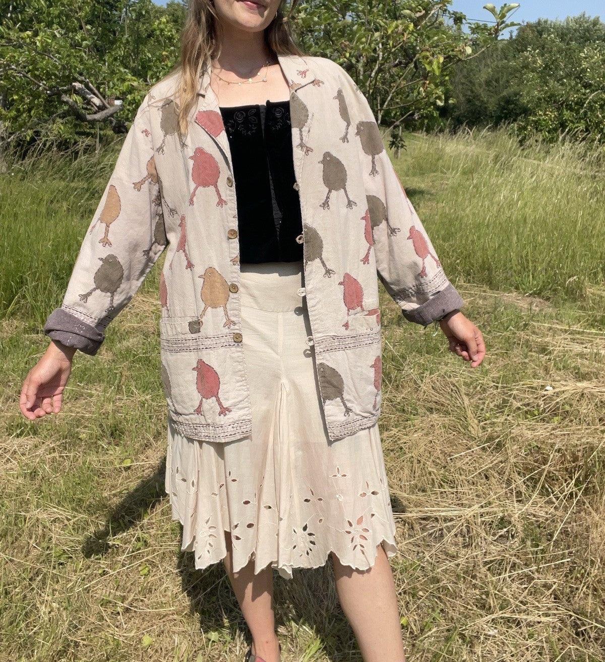 Vintage Size M 6-14 Boho Bird Embroidered Cotton Jacket Orvis