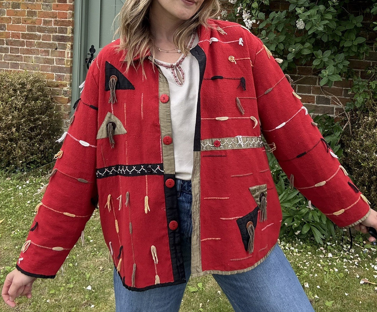 Vintage Size XL 14-20 Red Boho Cotton Tassel Tapestry Jacket Orvis