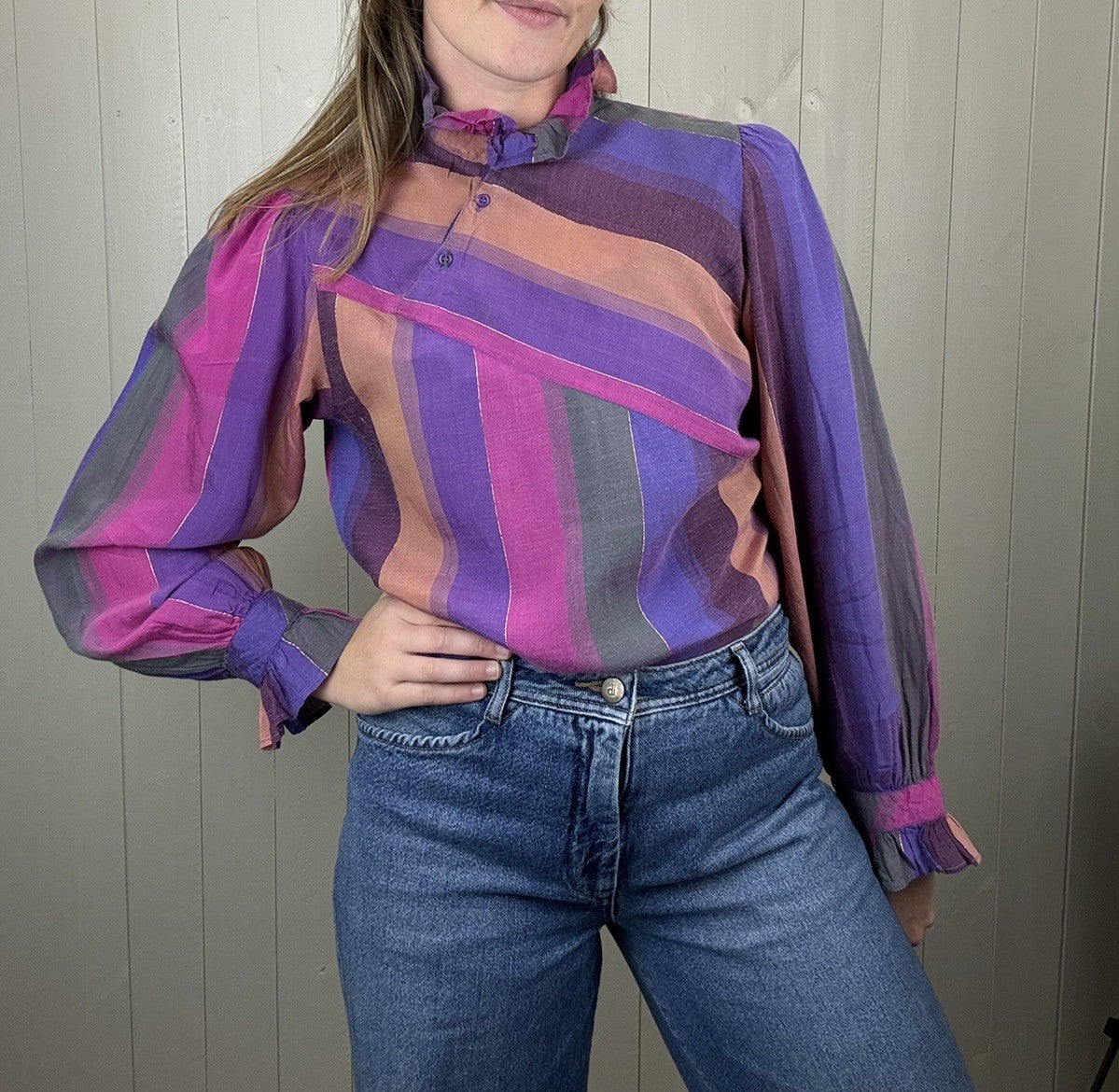 Vintage 70s Size S 6-10 Pink Striped Pie Crust Frill Blouse Nirvana