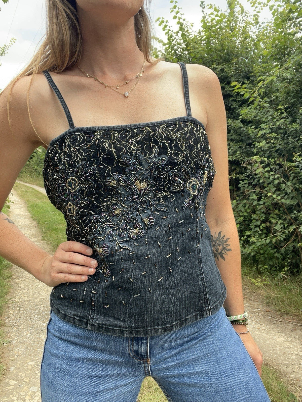 Vintage 90s Size S 8-10 Denim Beaded Embellished Strappy Top Vest