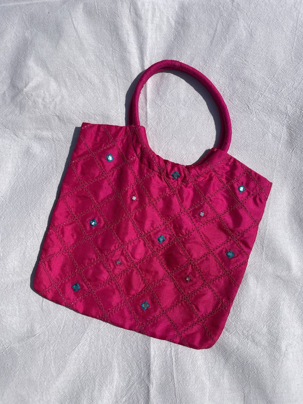 Vintage Top Handle Pink Embroidered Mirrored Boho Silk Handbag EAST