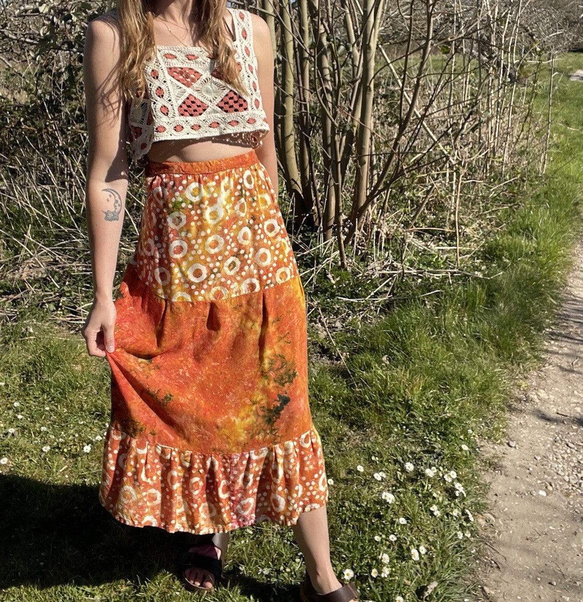 Vintage Size XL 14-16 Orange Tie Dye Boho Hippy Tiered Midi Skirt