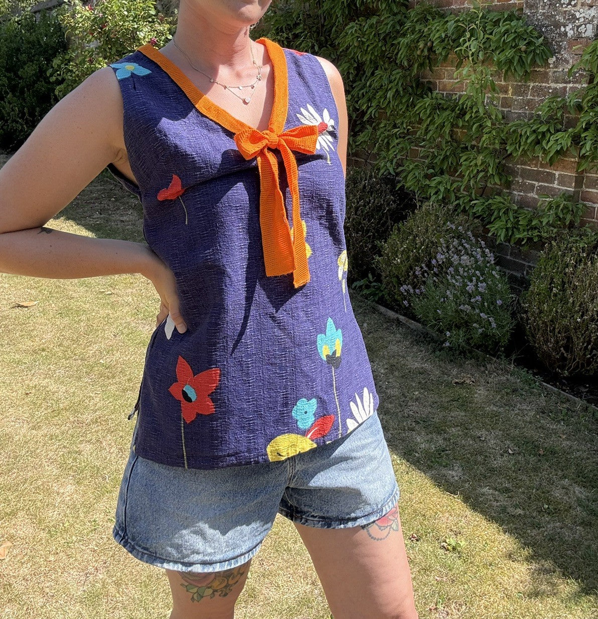 Vintage Size S 6-10 Blue Flower Power Sleeveless Cotton Top Dorothy Perkins