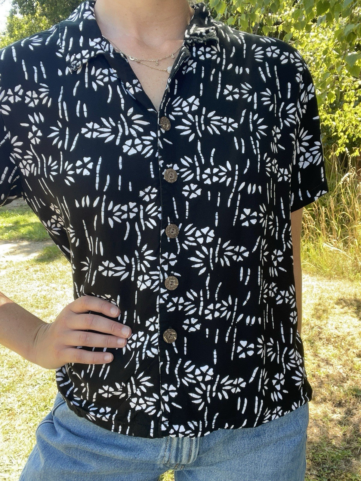 Vintage Size S 6-10 Black Patterned Boxy Fit Summer Top Orvis