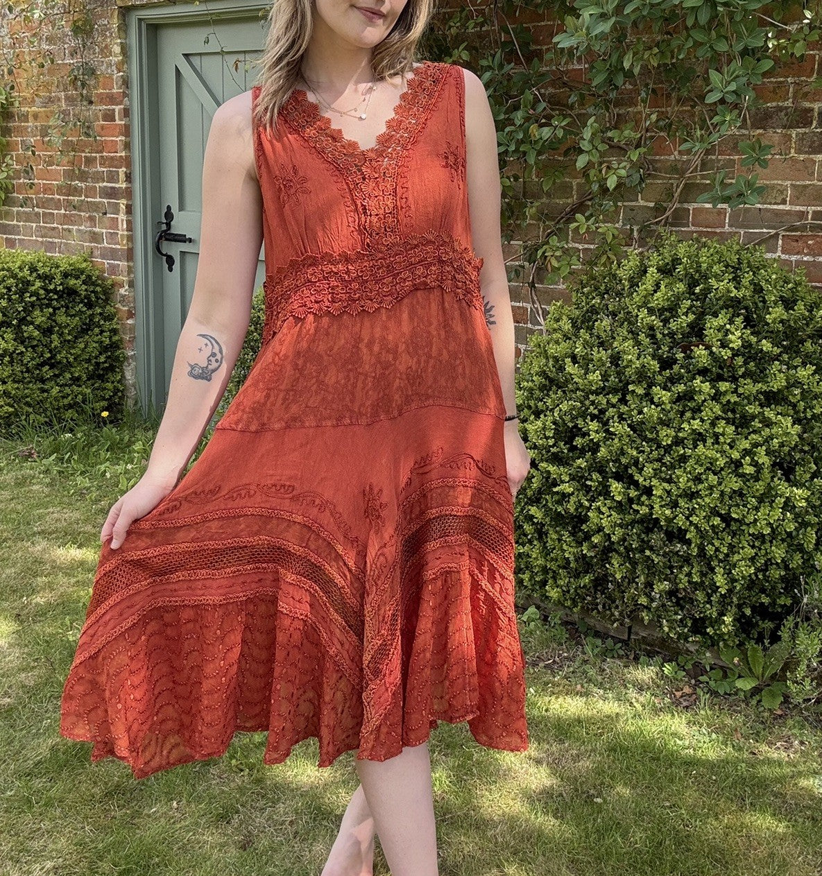Vintage Size L 14-16 Burnt Orange Boho Hippy Embroidered Midi Dress Classics
