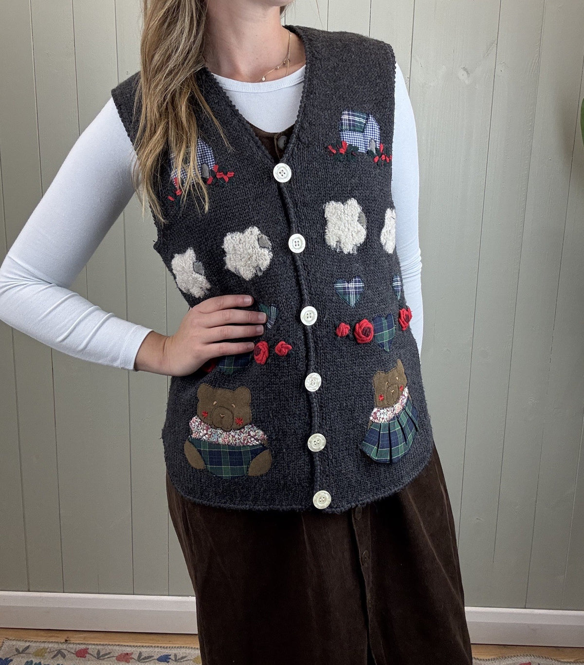 Vintage Size L 10-14 Dark Grey Cottage Sheep Teddy Patterned Knit Vest Waistcoat