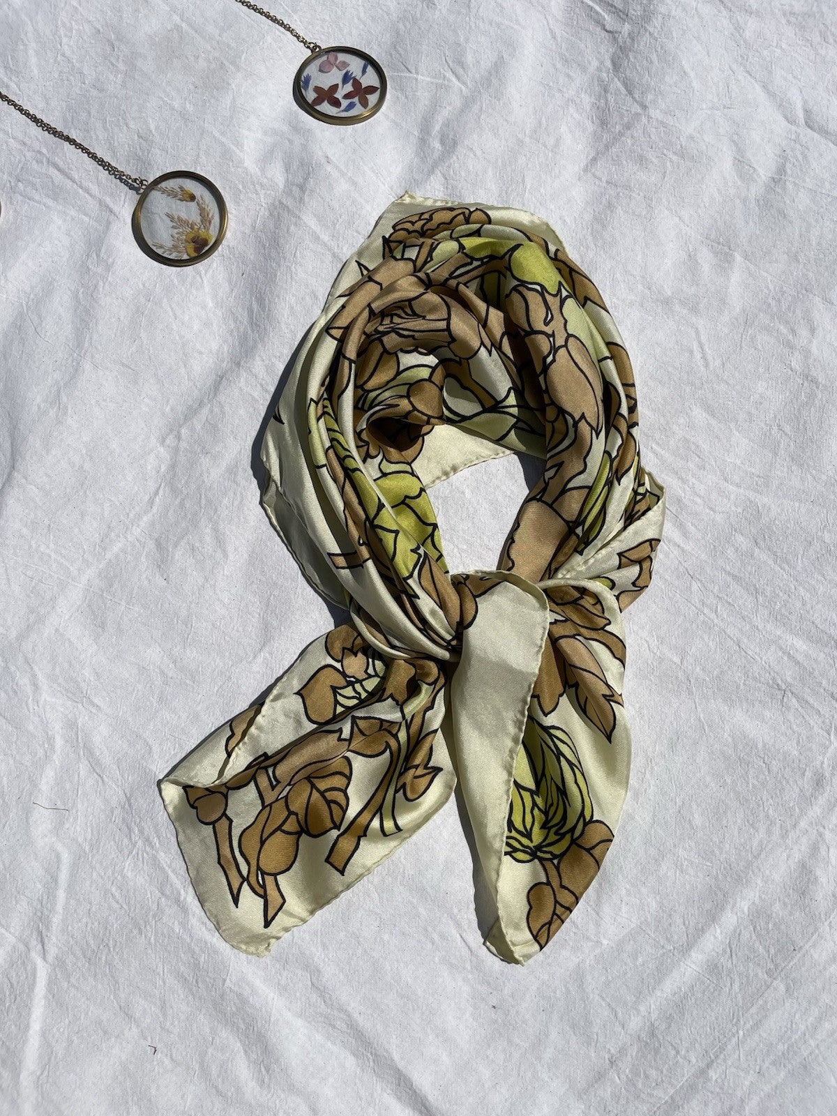 Vintage Yellow Retro Floral Patterned Silk Neck Scarf