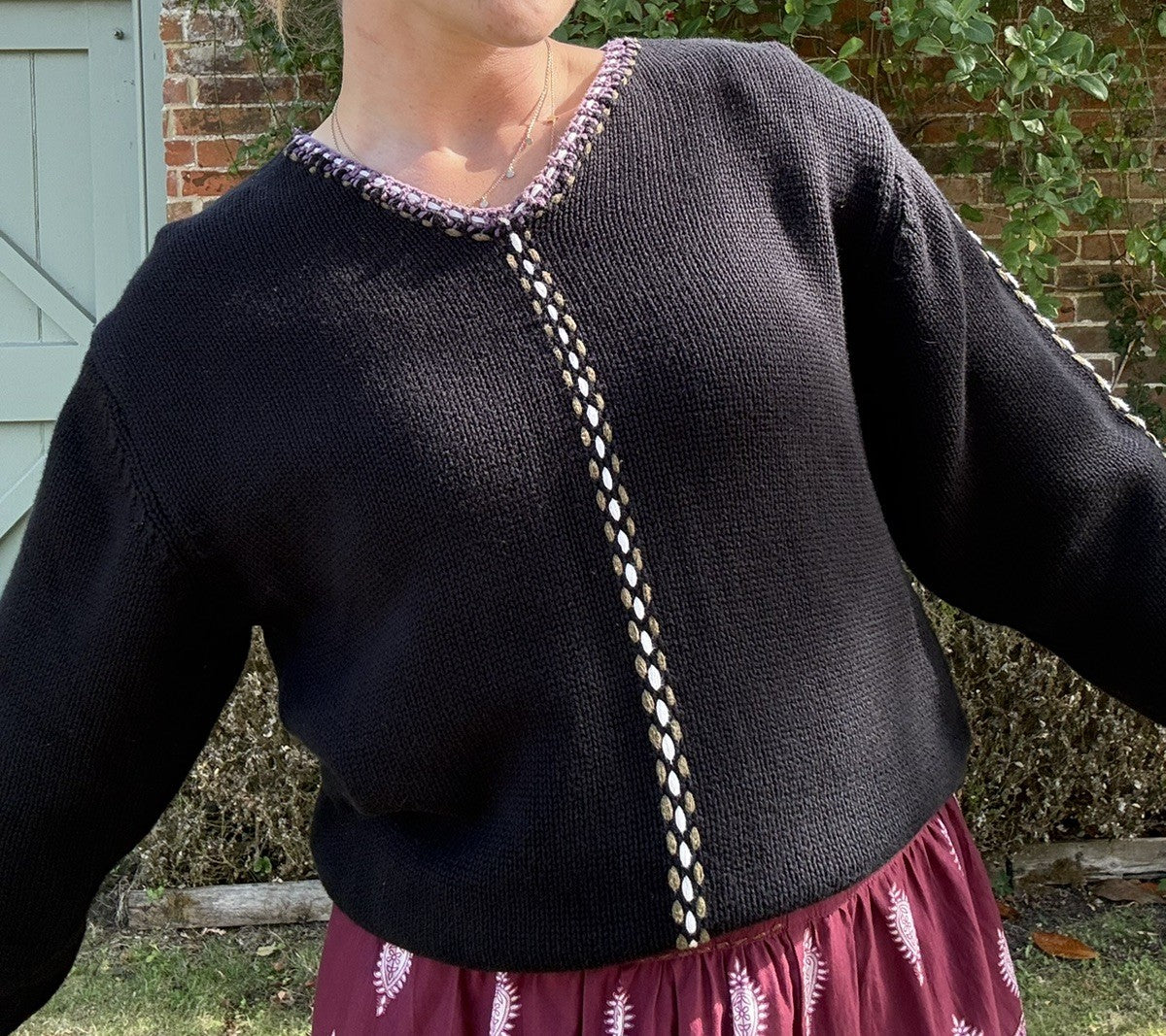 Vintage Size S 8-12 Black 100% Cotton Chunky Knit Stitching Jumper Orvis