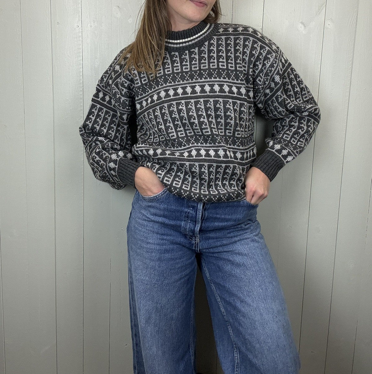 Vintage Size L 8-14 Grey Funky Patterned Knit Jumper Canda C&A