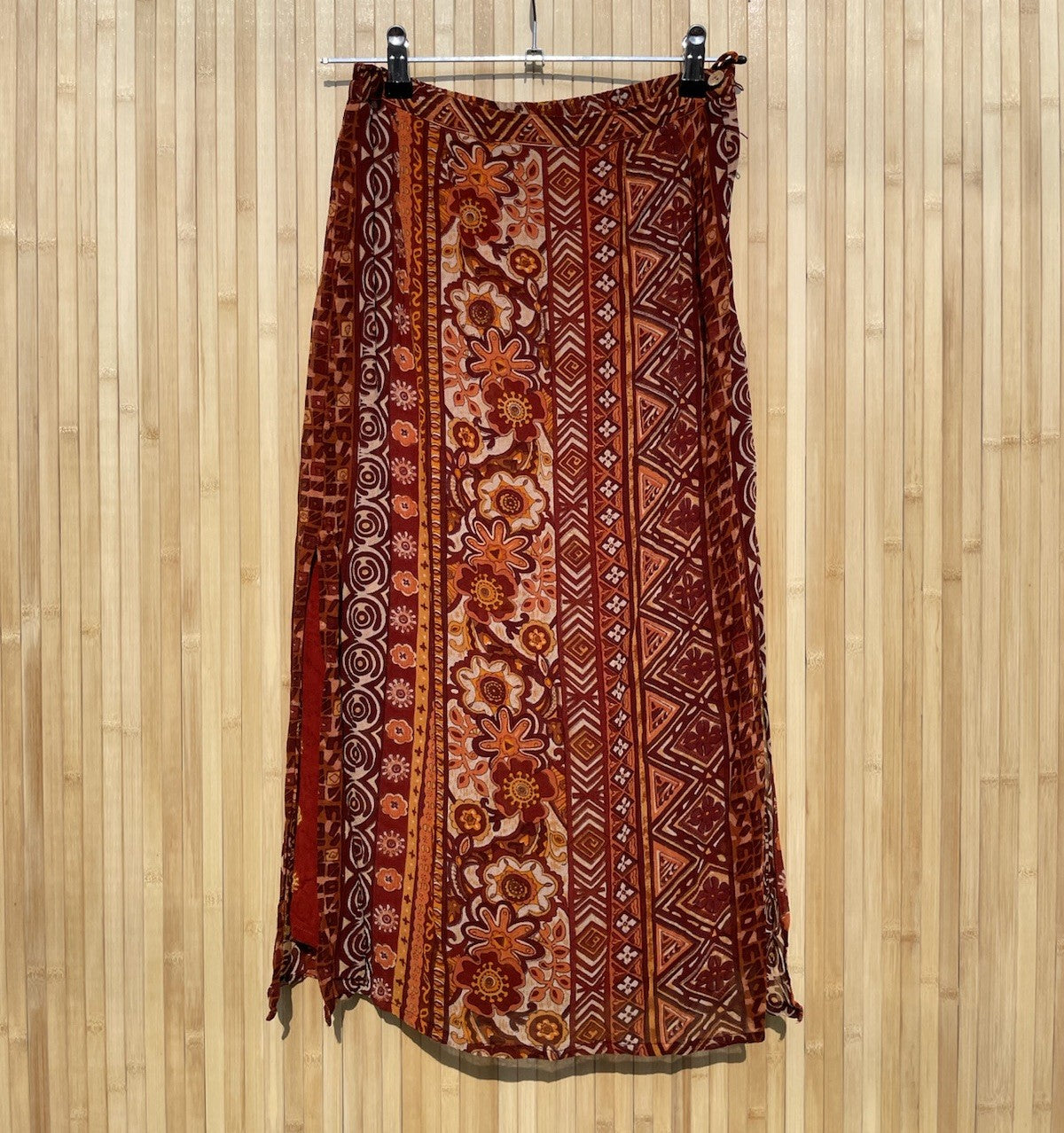 Vintage Size M 8-12 Orange Red Boho Hippy Patterned Midi Skirt Spengler