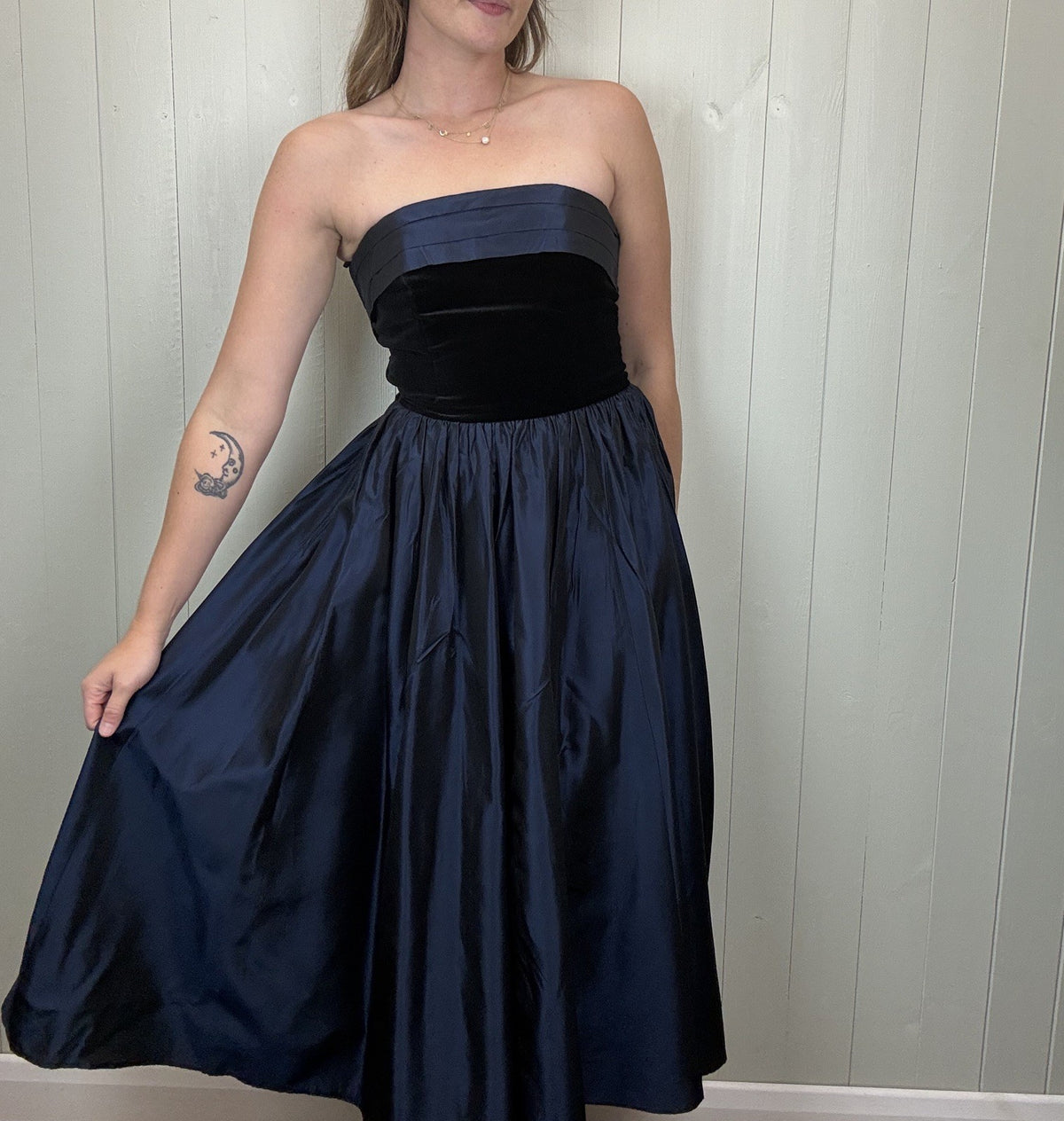 Vintage 80s Size XS 6-8 Navy & Black Strapless Midi Party Dress Laura Ashley