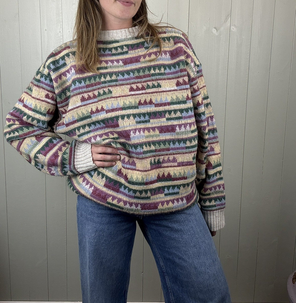 Vintage Free Size 8-20 Funky Patterned Alpaca Blend Chunky Knit Jumper Kappa