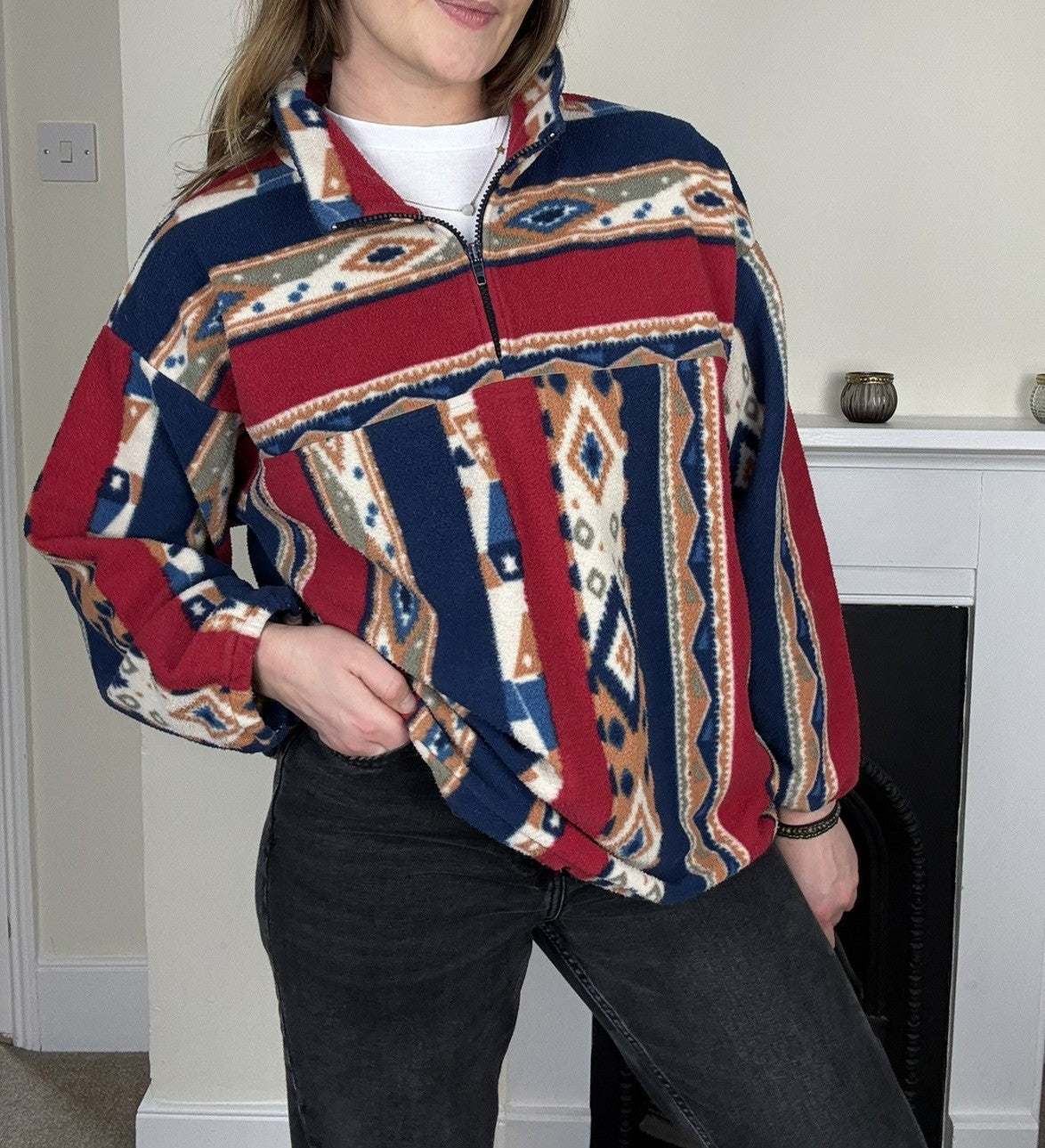 Vintage Size L 12-16 Red Navy Western Pattern 1/4 Zip Fleece Jumper