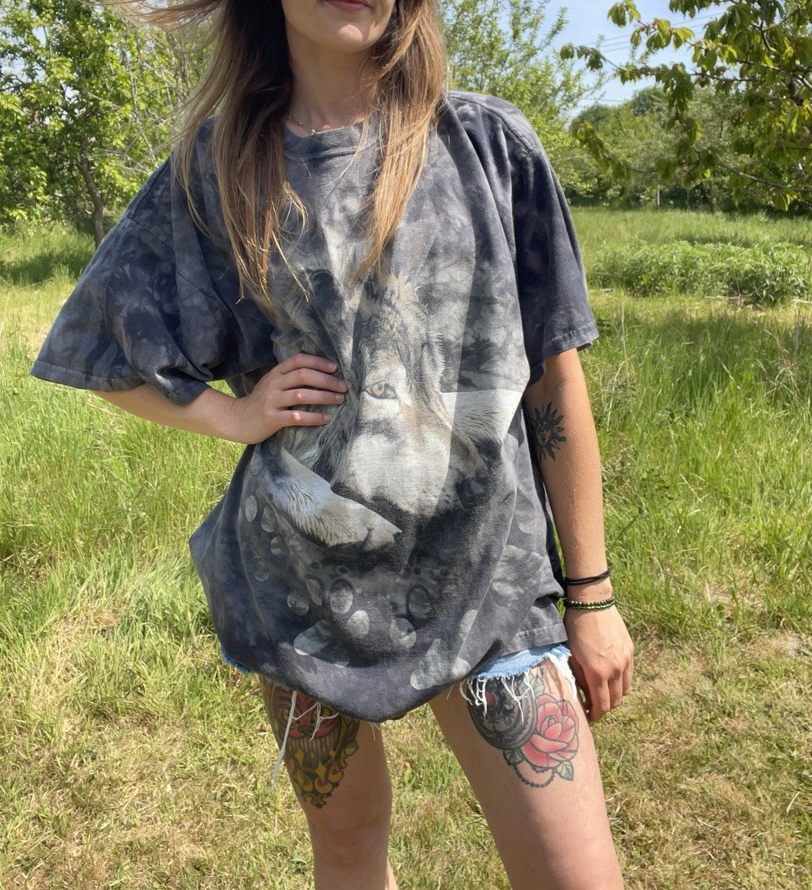 Vintage Size XXL 14-22 Dark Grey Tie Dye Wolf The Mountain Cotton T-Shirt