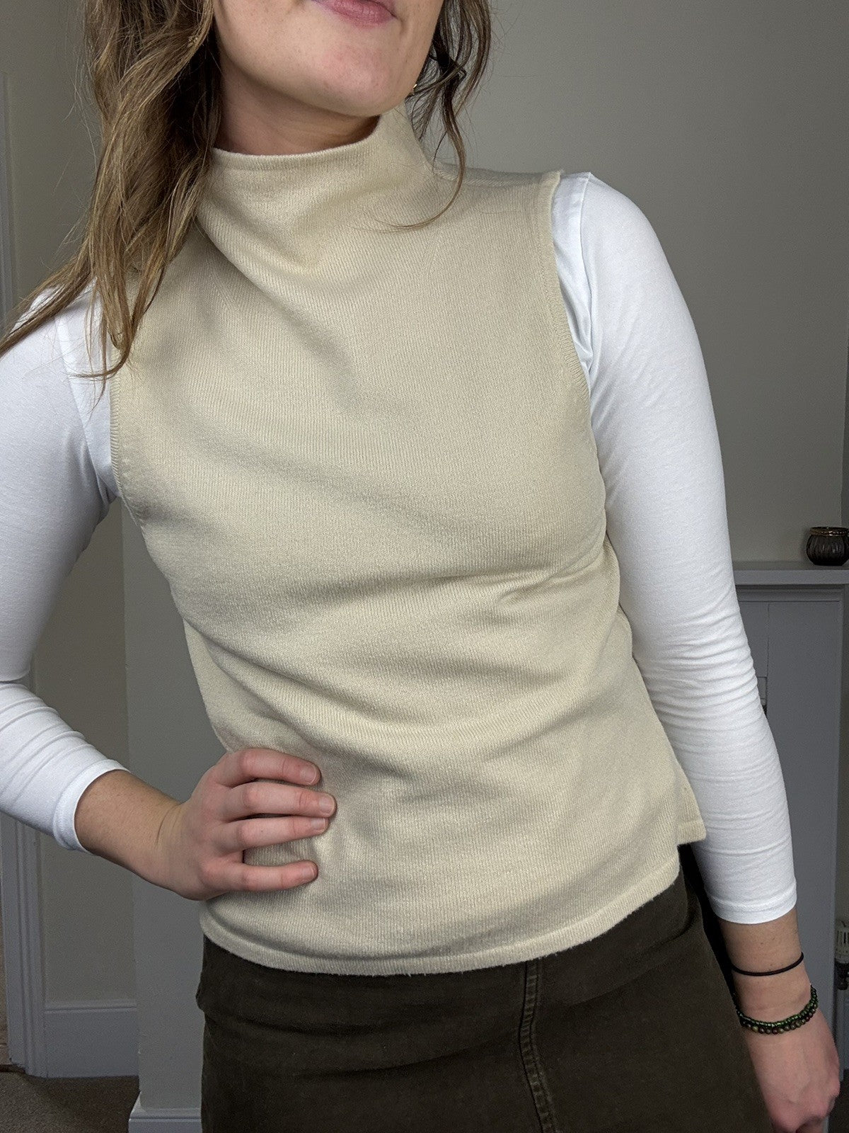 Vintage Size M 10-12 Cream/Beige High Neck Knit Tank Knit Vest Etam